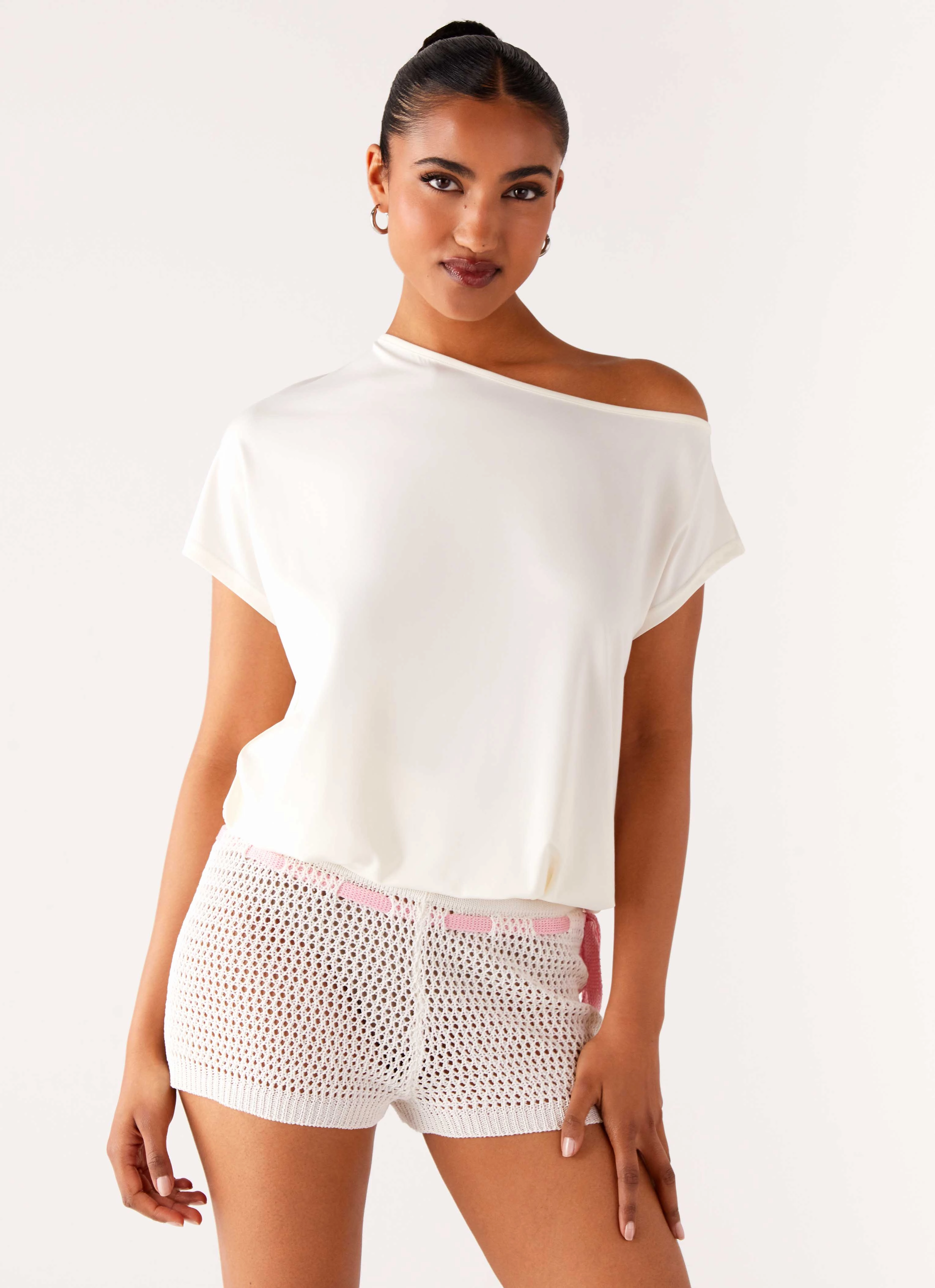 Mahana Crochet Mini Shorts - Ivory Pink Moisture wicking