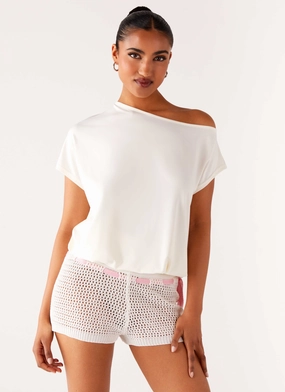 Mahana Crochet Mini Shorts - Ivory Pink Stretch Waist