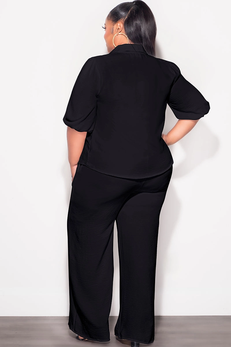 Reflective accents Final Sale Plus Size 2pc Button Up Collar Top and Pants Set in Black Linen