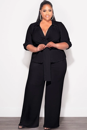 Layer-Friendly Final Sale Plus Size 2pc Button Up Collar Top and Pants Set in Black Linen