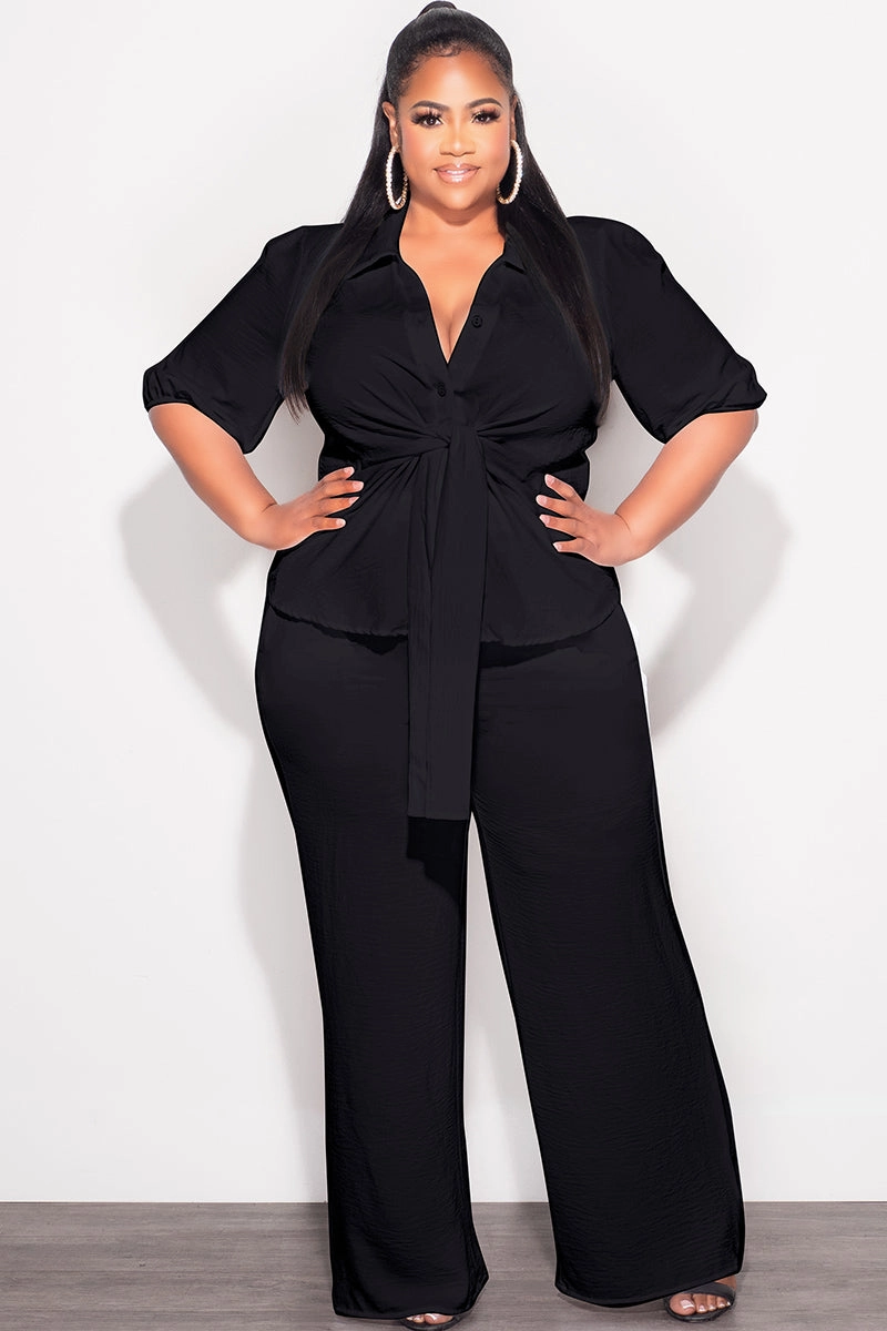 No Gap Waist Construction Eco Dye Process Final Sale Plus Size 2pc Button Up Collar Top and Pants Set in Black Linen