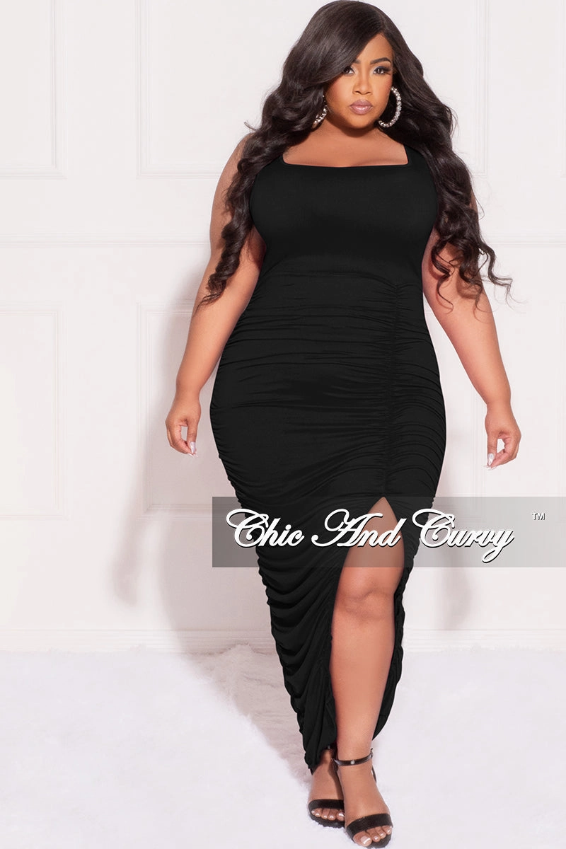 Final Sale Plus Size Sleeveless Ruched Bodycon Dress with Slit in Black Sport Ready Travel Ready