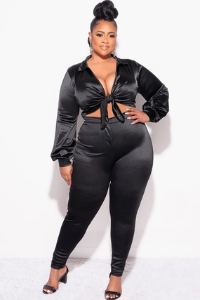 Non Clip Final Sale Plus Size 2pc Shiny Satin Collared Crop Tie Top and Pants Set in Black