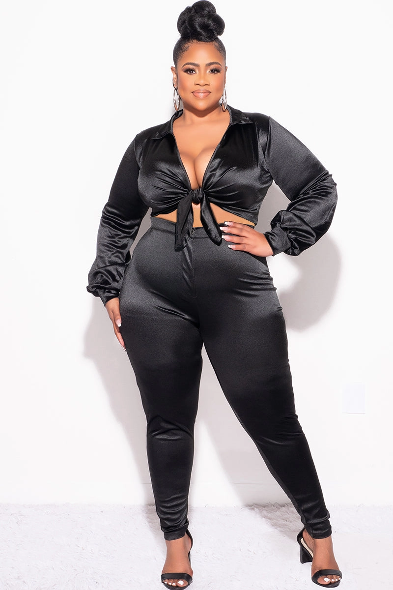 Final Sale Plus Size 2pc Shiny Satin Collared Crop Tie Top and Pants Set in Black Core Fit Design Basic Style