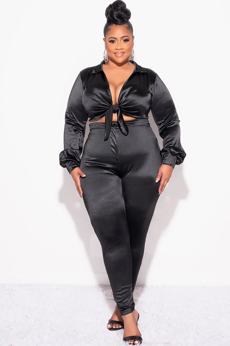 Comfy Movement Fit Core Cut Final Sale Plus Size 2pc Shiny Satin Collared Crop Tie Top and Pants Set in Black