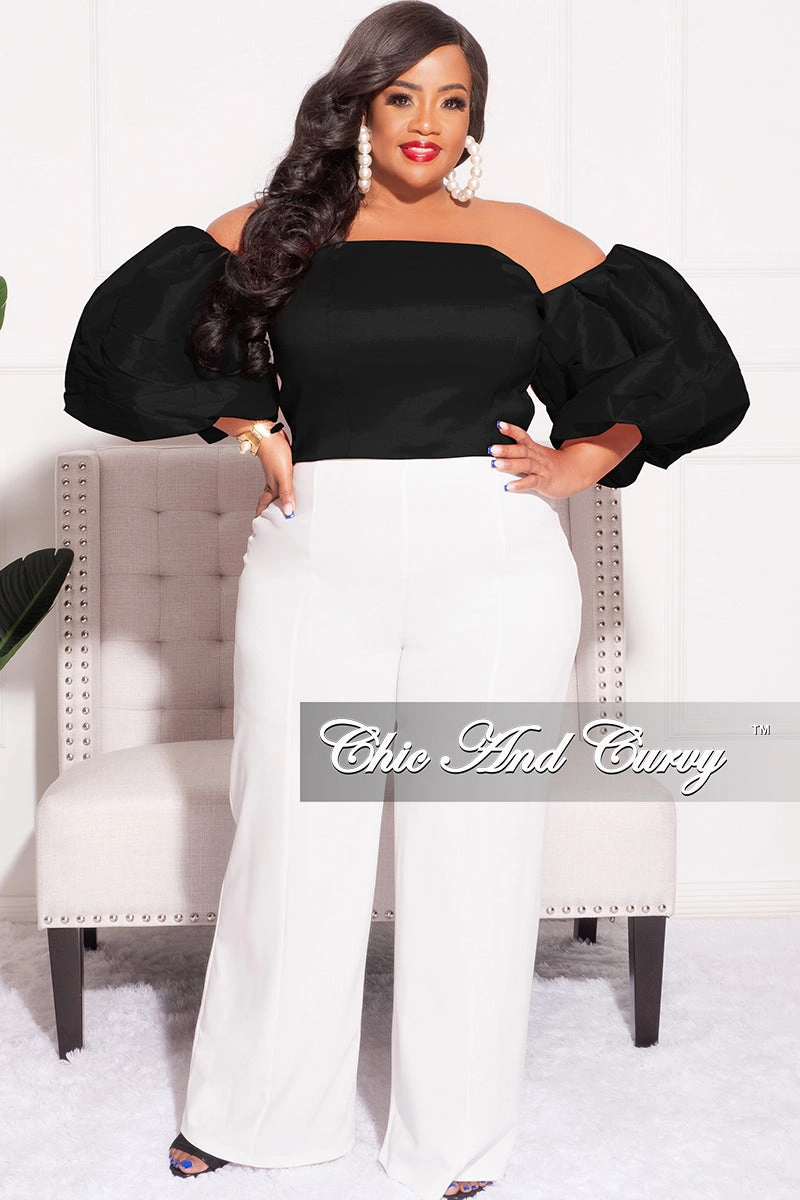 Tapered Look Final Sale Plus Size Off the Shoulder Puffy Sleeve Crop Top in Black