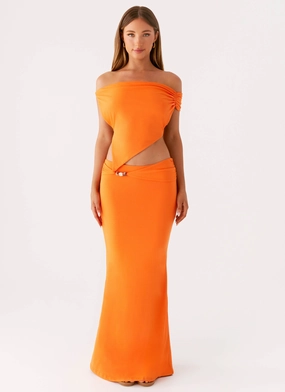 StretchWaistband Flat Lock Stitching Mention Maxi Skirt - Orange