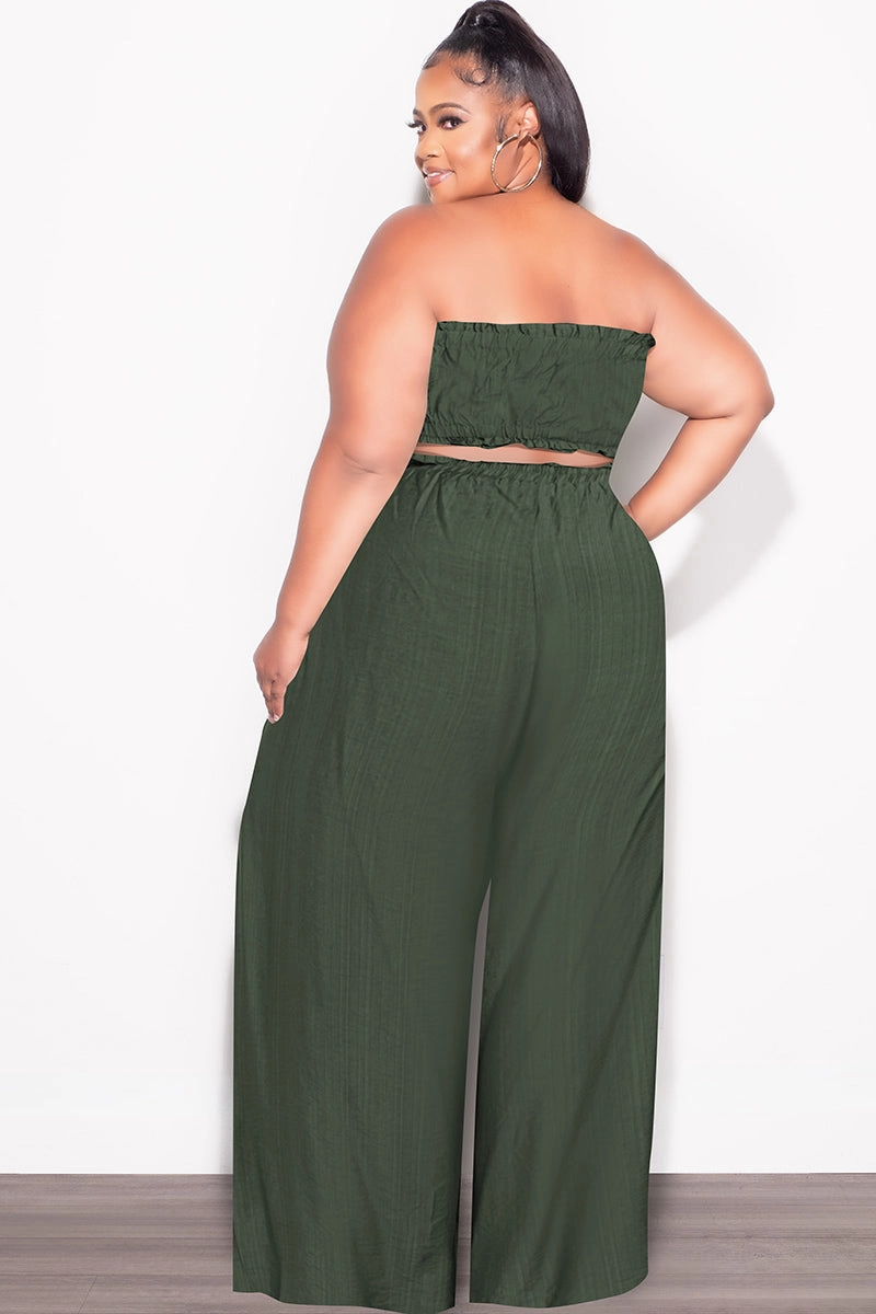 Final Sale Plus Size 2pc Strapless Crop Top and Flare Pants Set In Dark Green Comfortable Layers
