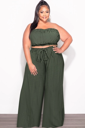 Slim Stretch Final Sale Plus Size 2pc Strapless Crop Top and Flare Pants Set In Dark Green