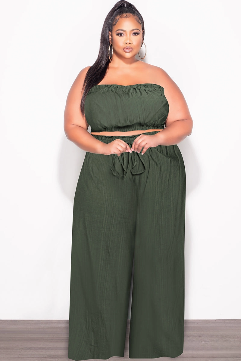 Seamless Comfort Final Sale Plus Size 2pc Strapless Crop Top and Flare Pants Set In Dark Green