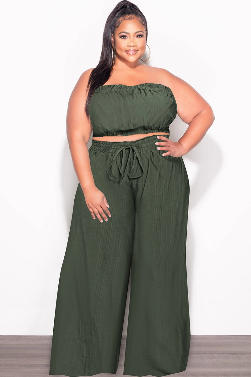 Slim Stretch Final Sale Plus Size 2pc Strapless Crop Top and Flare Pants Set In Dark Green