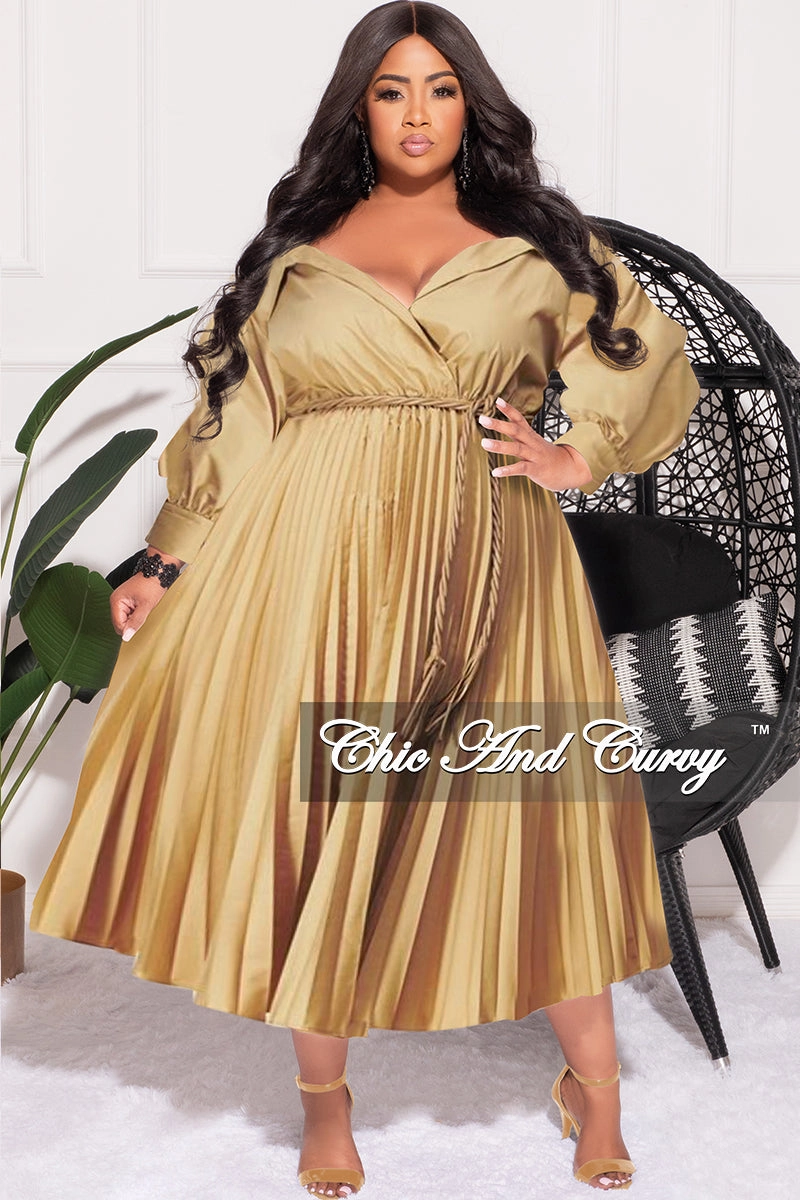 Final Sale Plus Size Off the Shoulder Collar Faux Wrap Dress with Bottom Pleats in Khaki Tan Yoga Ready