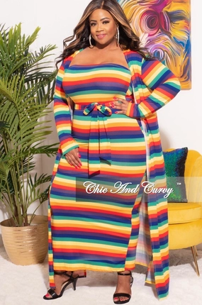 Final Sale Plus Size 2pc Set Duster & Tube Dress in Rainbow Print Vintage Wash AdjustableWaistband