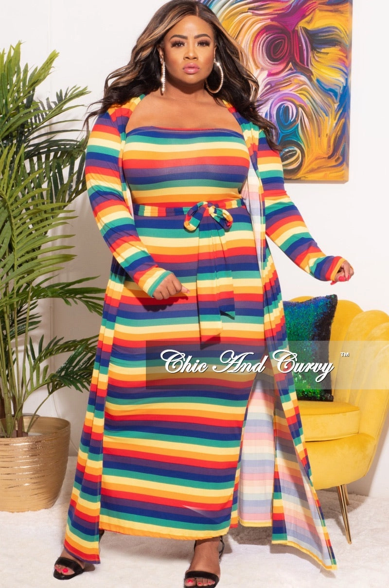 Perfect Movement Relaxed Lines Final Sale Plus Size 2pc Set Duster & Tube Dress in Rainbow Print