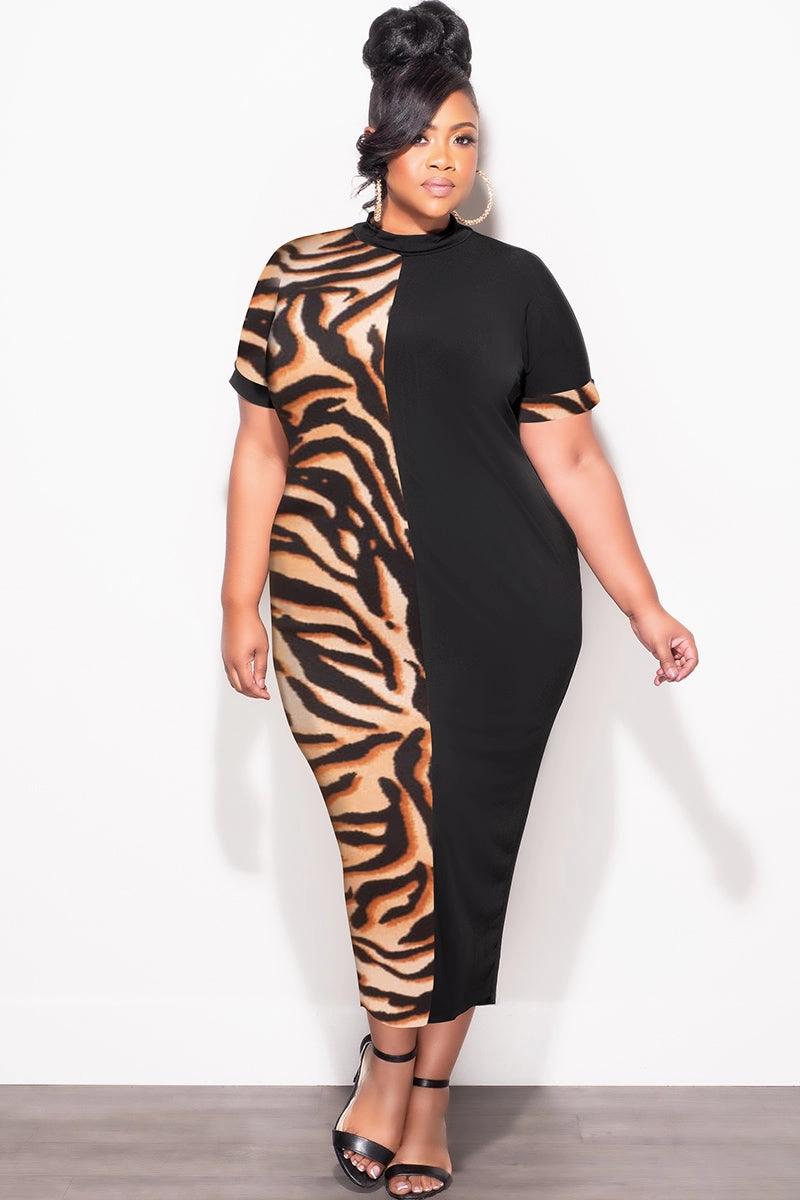 Final Sale Plus Size Colorblock Dress in Tiger Print and Black Weekend Wear Tangle Free Cuffs