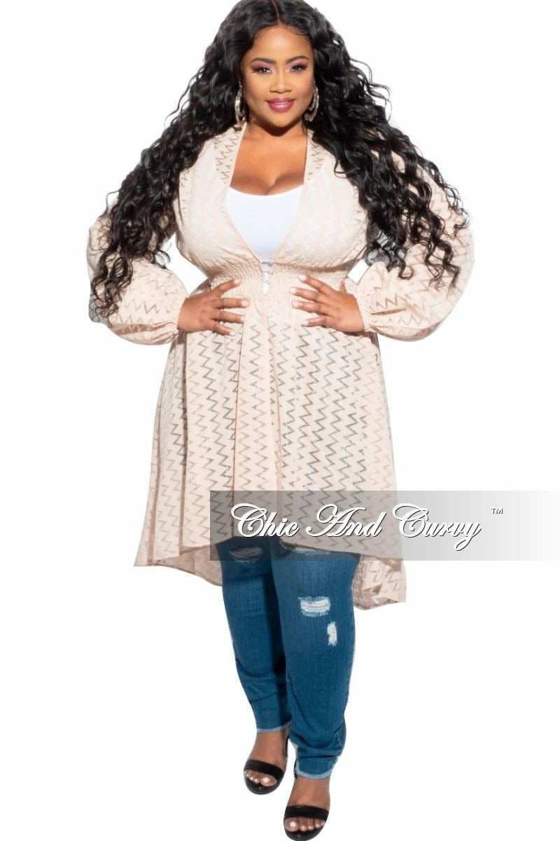 Final Sale Plus Size Sheer Button High-Low Duster in Light Beige/ Tan Zig Zag Design Dynamic Fit