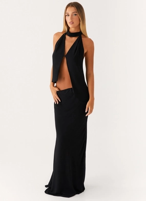Durable Twill SeamlessConstruction Canyon Chiffon Maxi Skirt - Black
