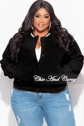 Final Sale Plus Size Teddy Bear Varsity Jacket in Black Anti Snag Threading