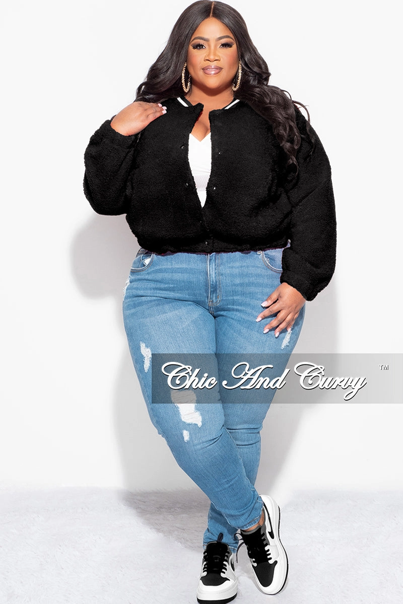 Final Sale Plus Size Teddy Bear Varsity Jacket in Black Basic Look