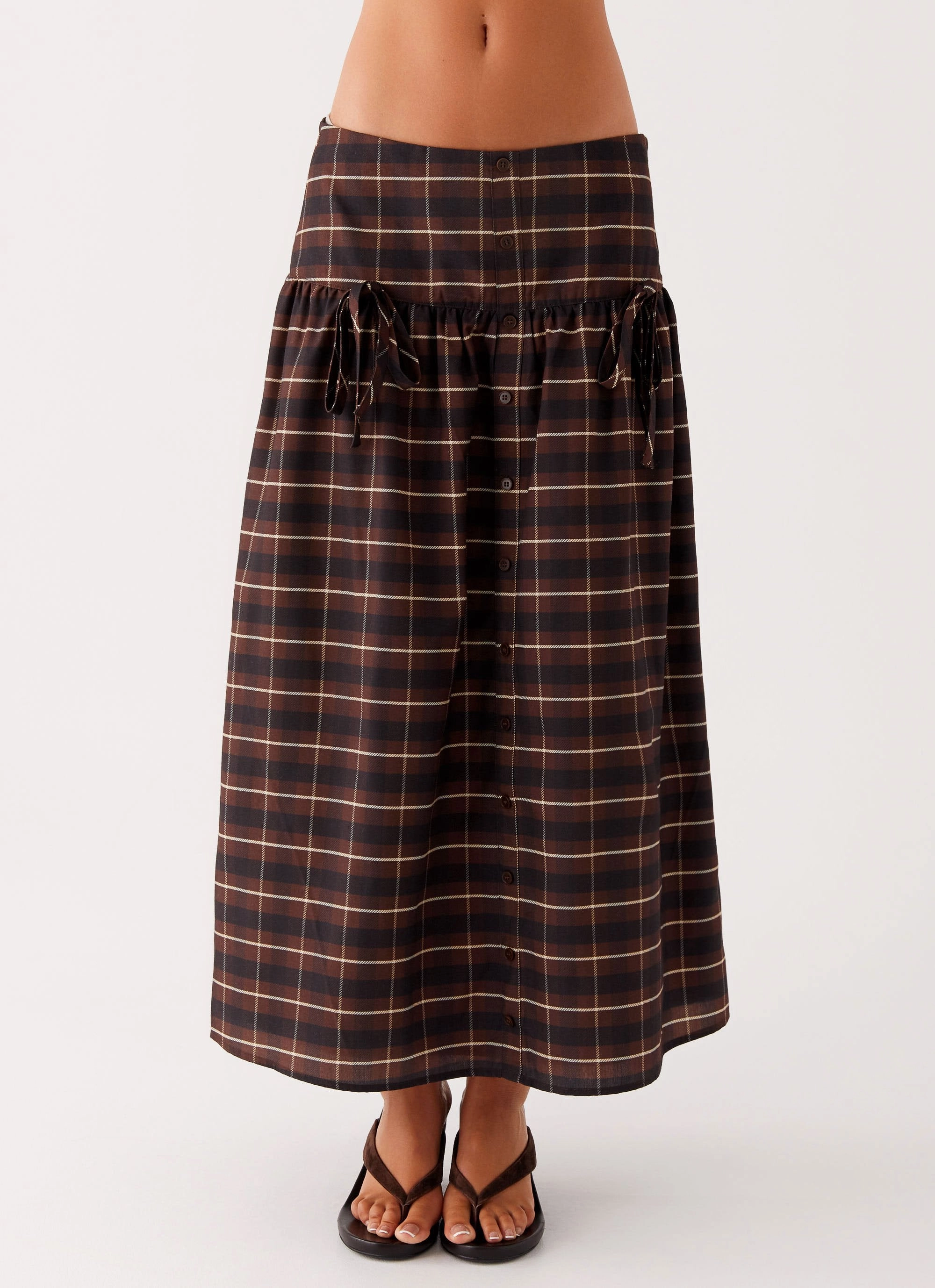 Quiet Places Midi Skirt - Chocolate Check Commuter Fit