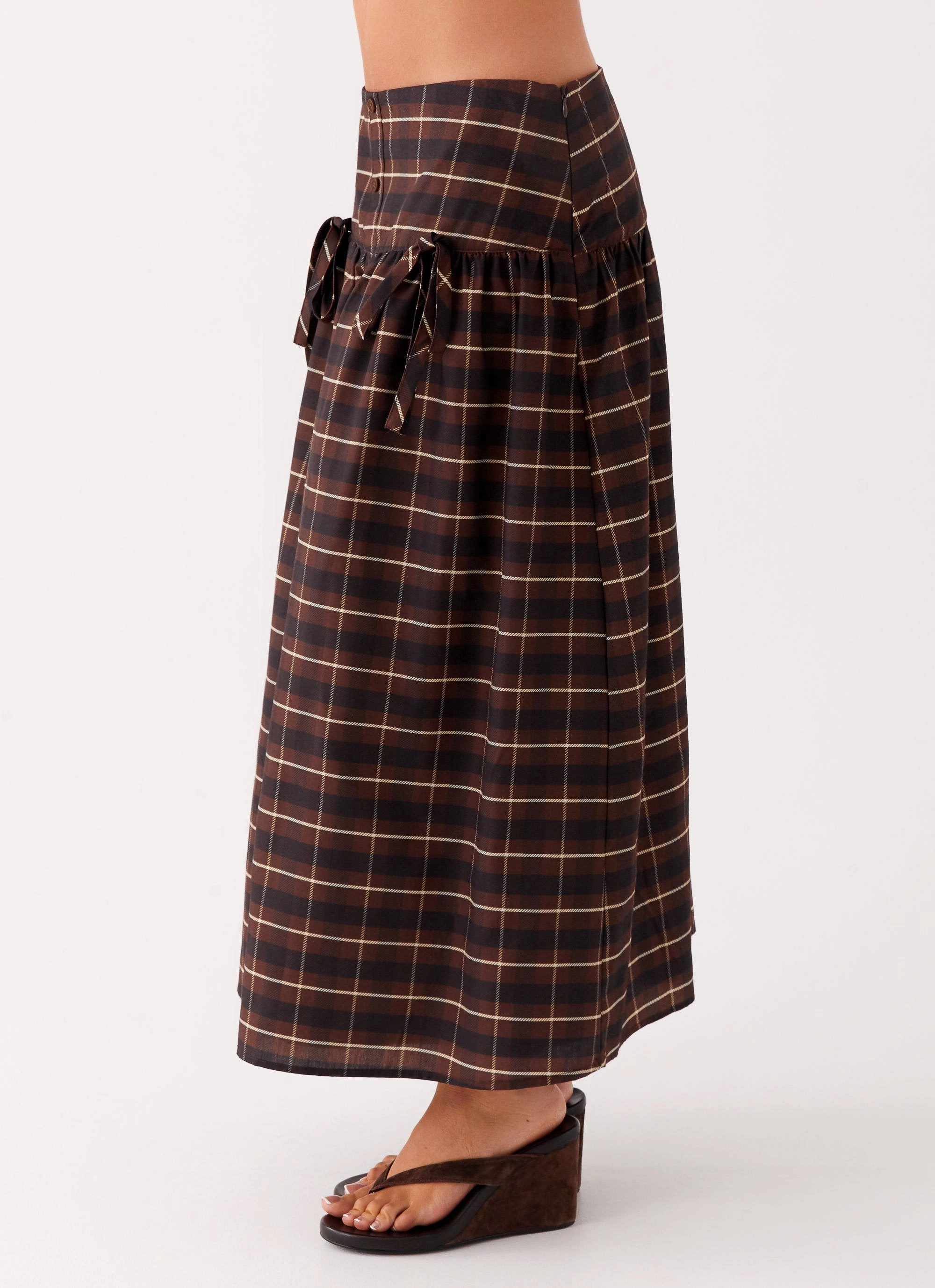 Quiet Places Midi Skirt - Chocolate Check Stretchy Material Sport Fit