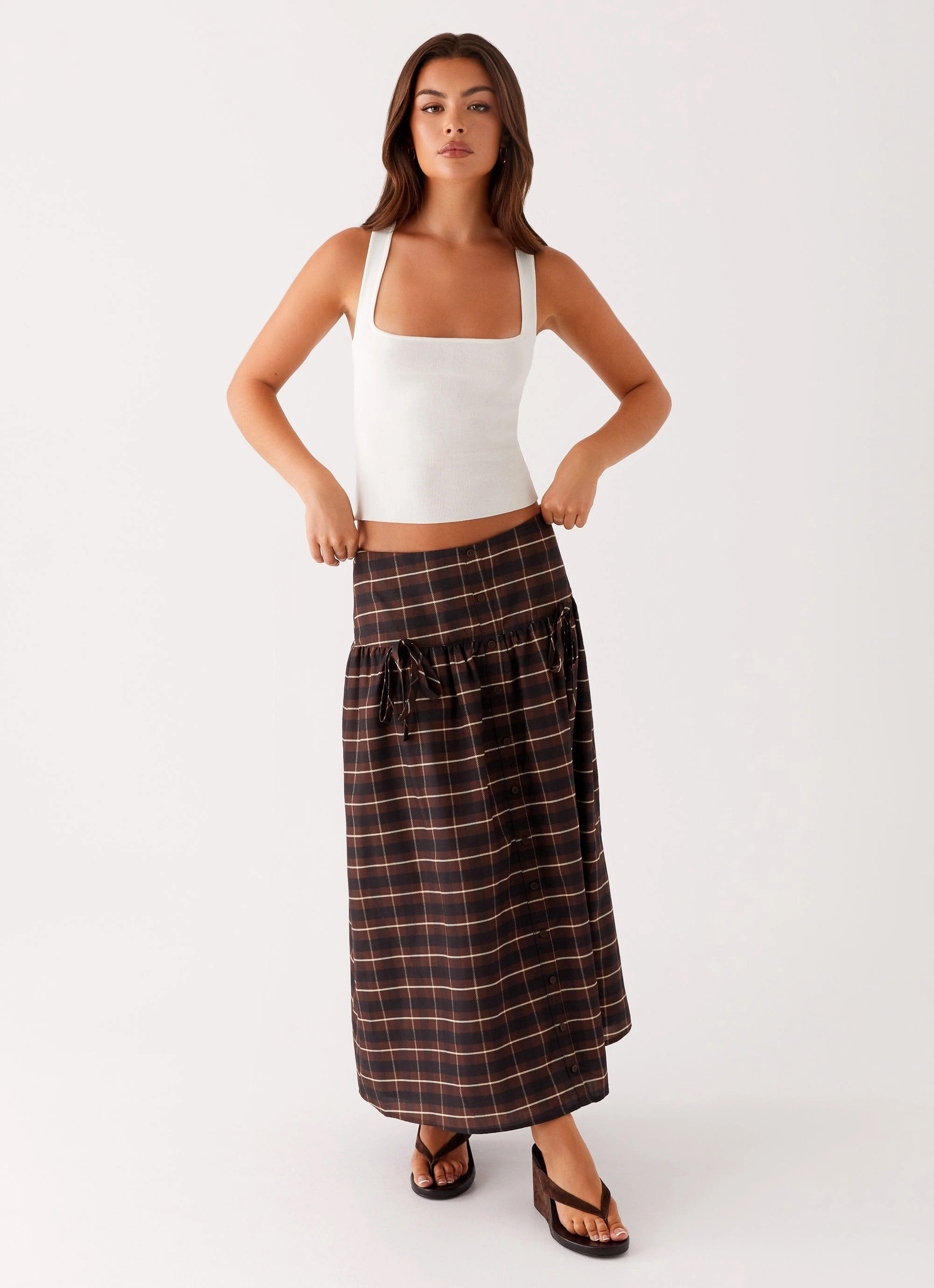 High Stretch Fit NoiseReducingFabric Quiet Places Midi Skirt - Chocolate Check
