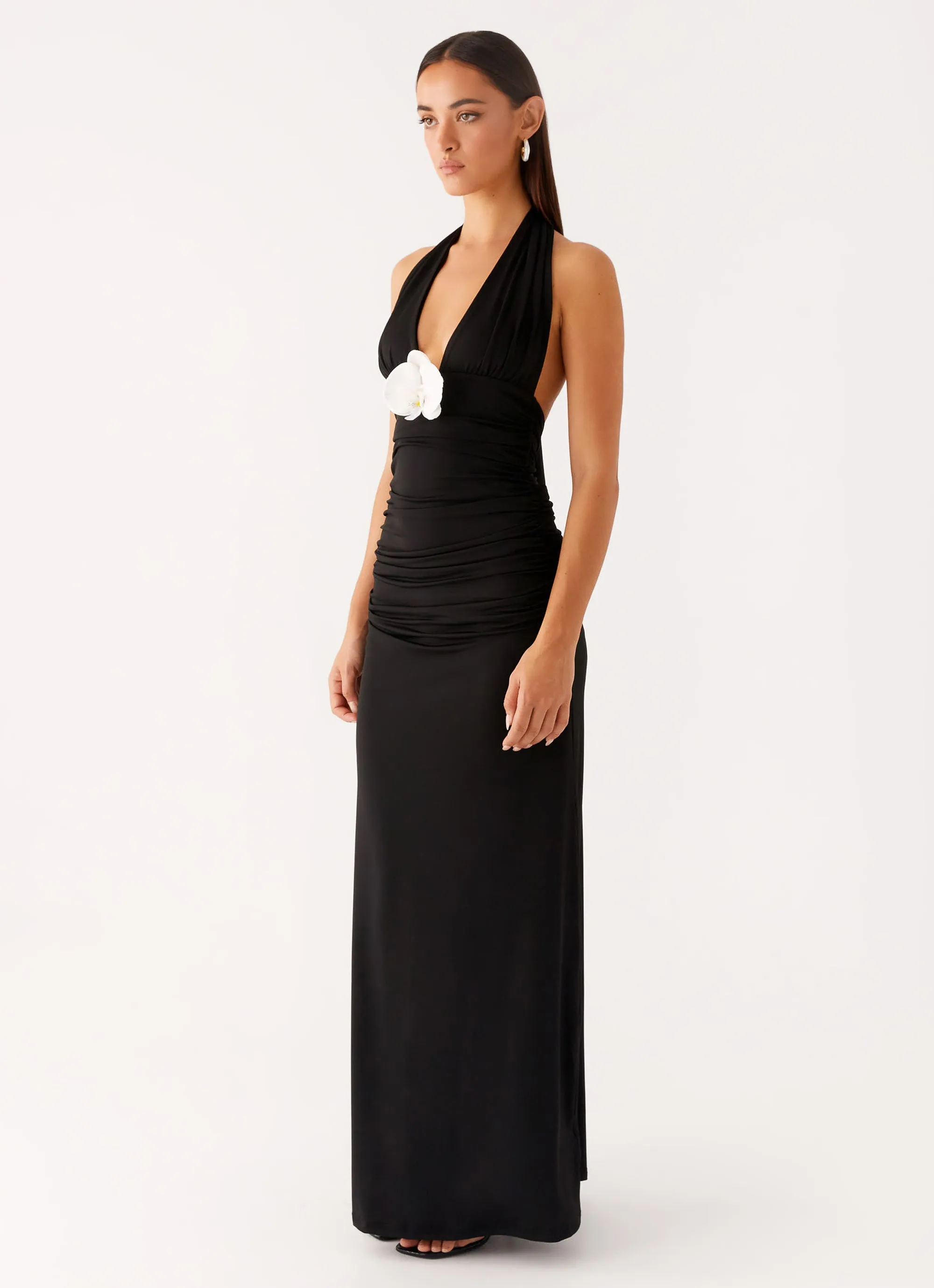 Adalie Halter Neck Midi Dress - Black Tonal-Panel Ruffle-Detail