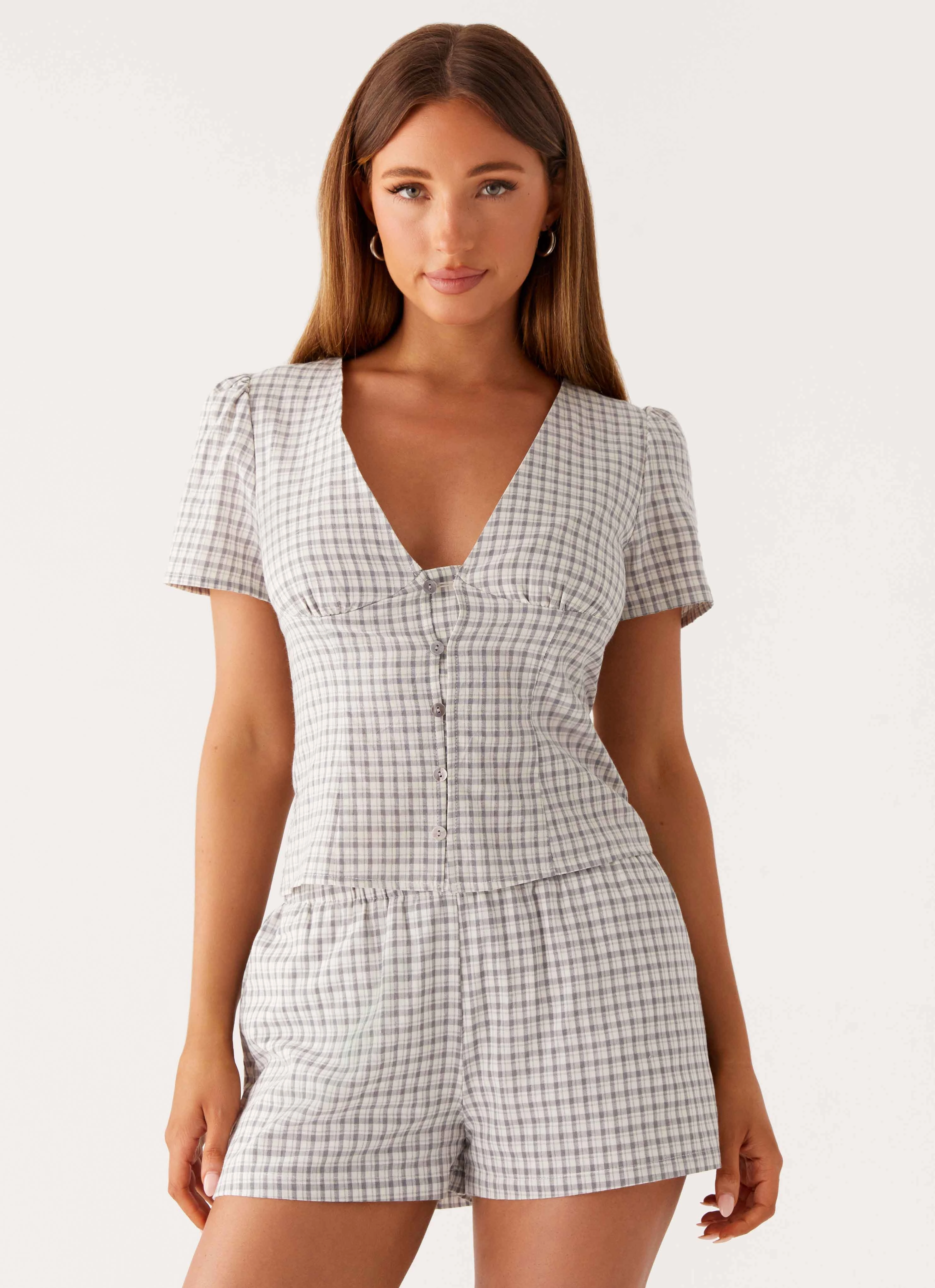 Butter Soft Handfeel TwillWeave Adalina Button Up Top - Grey Check