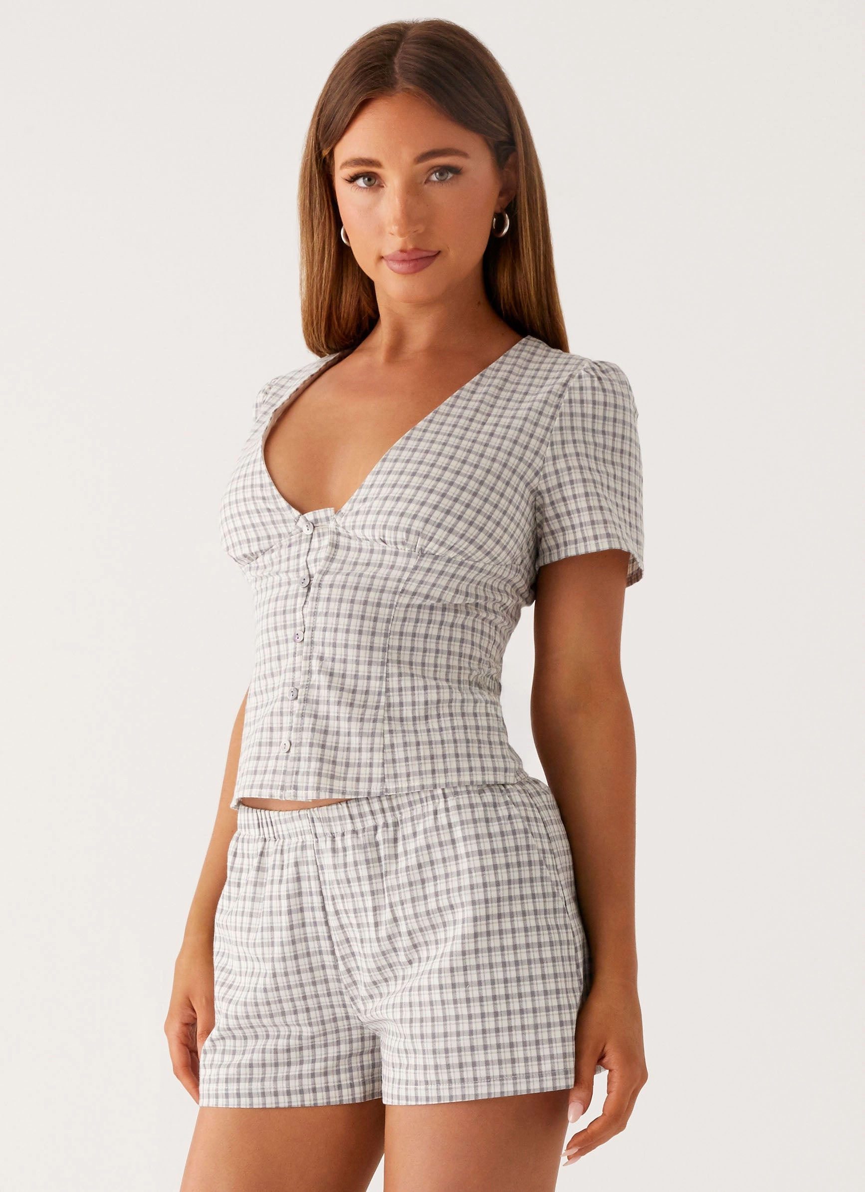 summer look Adalina Button Up Top - Grey Check