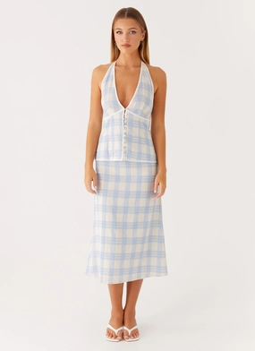 Smart Utility All Season Wear Esther Midi Skirt - Blue Check Seersucker