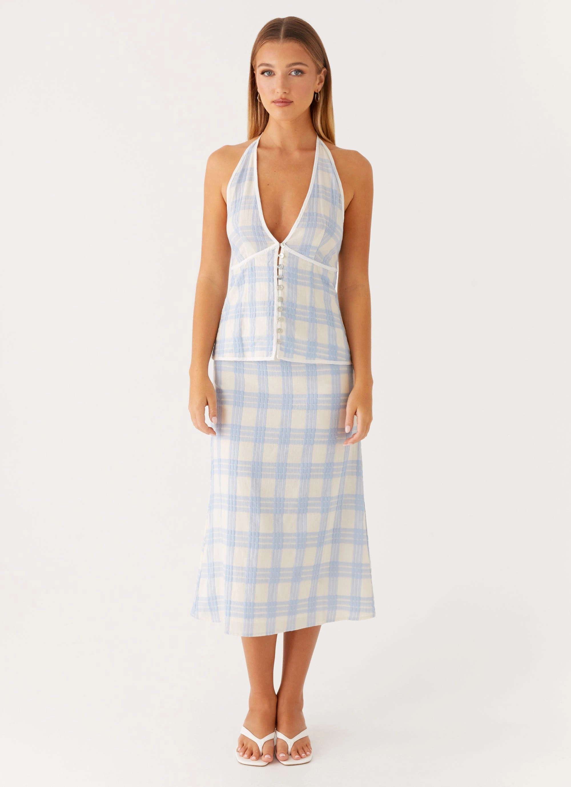 Smart Utility All Season Wear Esther Midi Skirt - Blue Check Seersucker