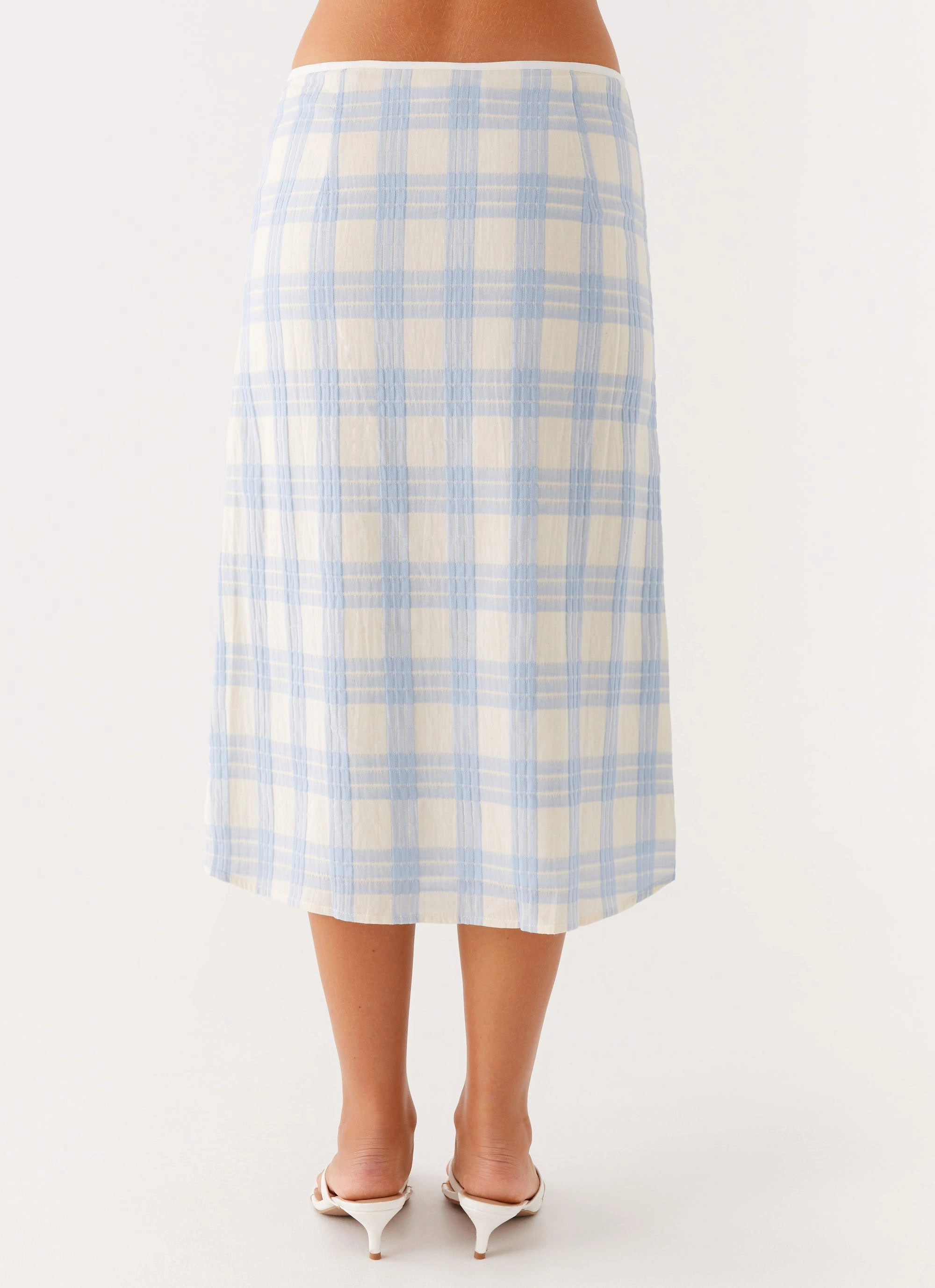 Esther Midi Skirt - Blue Check Seersucker Recyclable Fabric Blend Quick-Dry Material