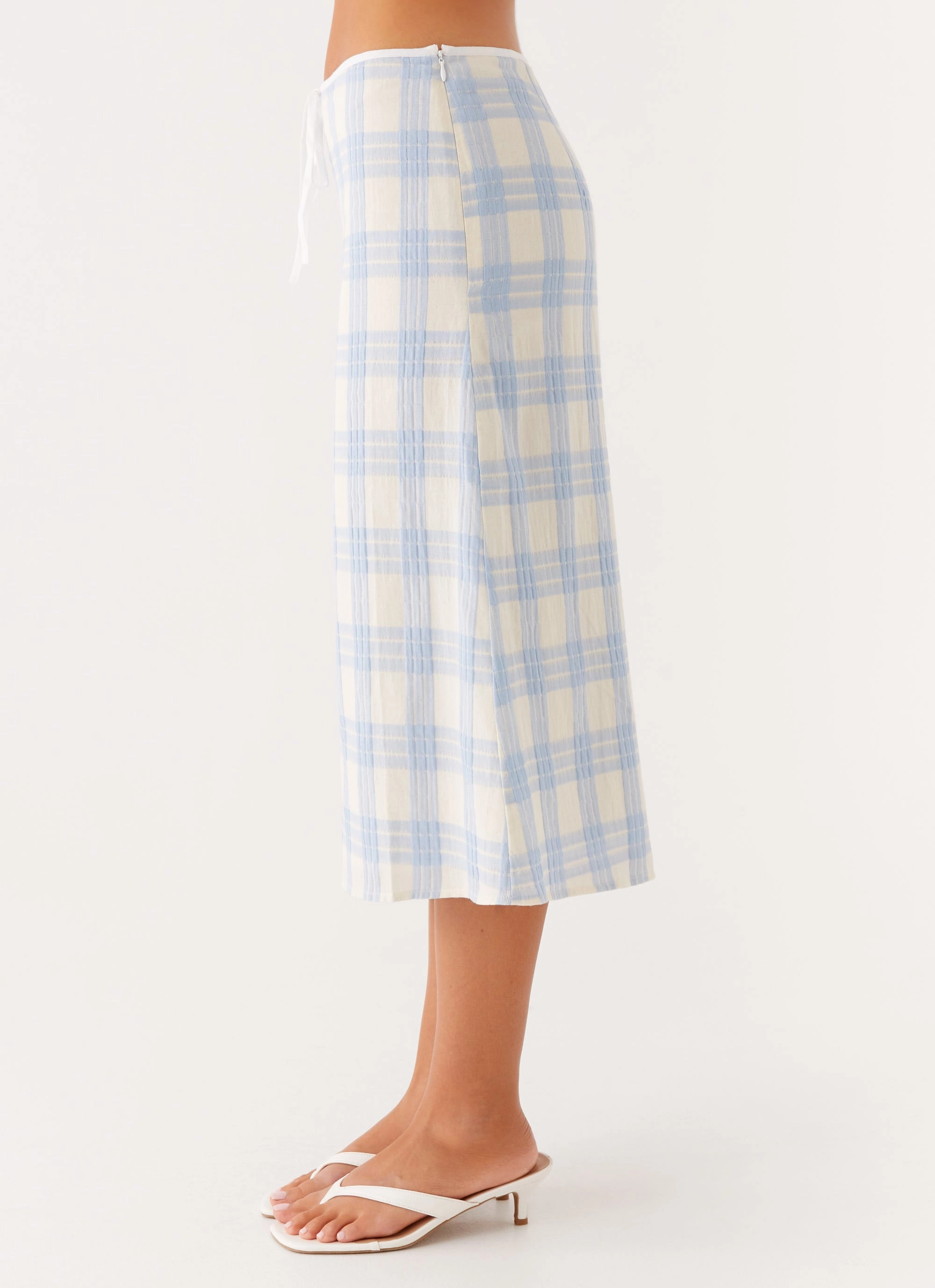 Stylish Waistband No Gap Waistband Esther Midi Skirt - Blue Check Seersucker
