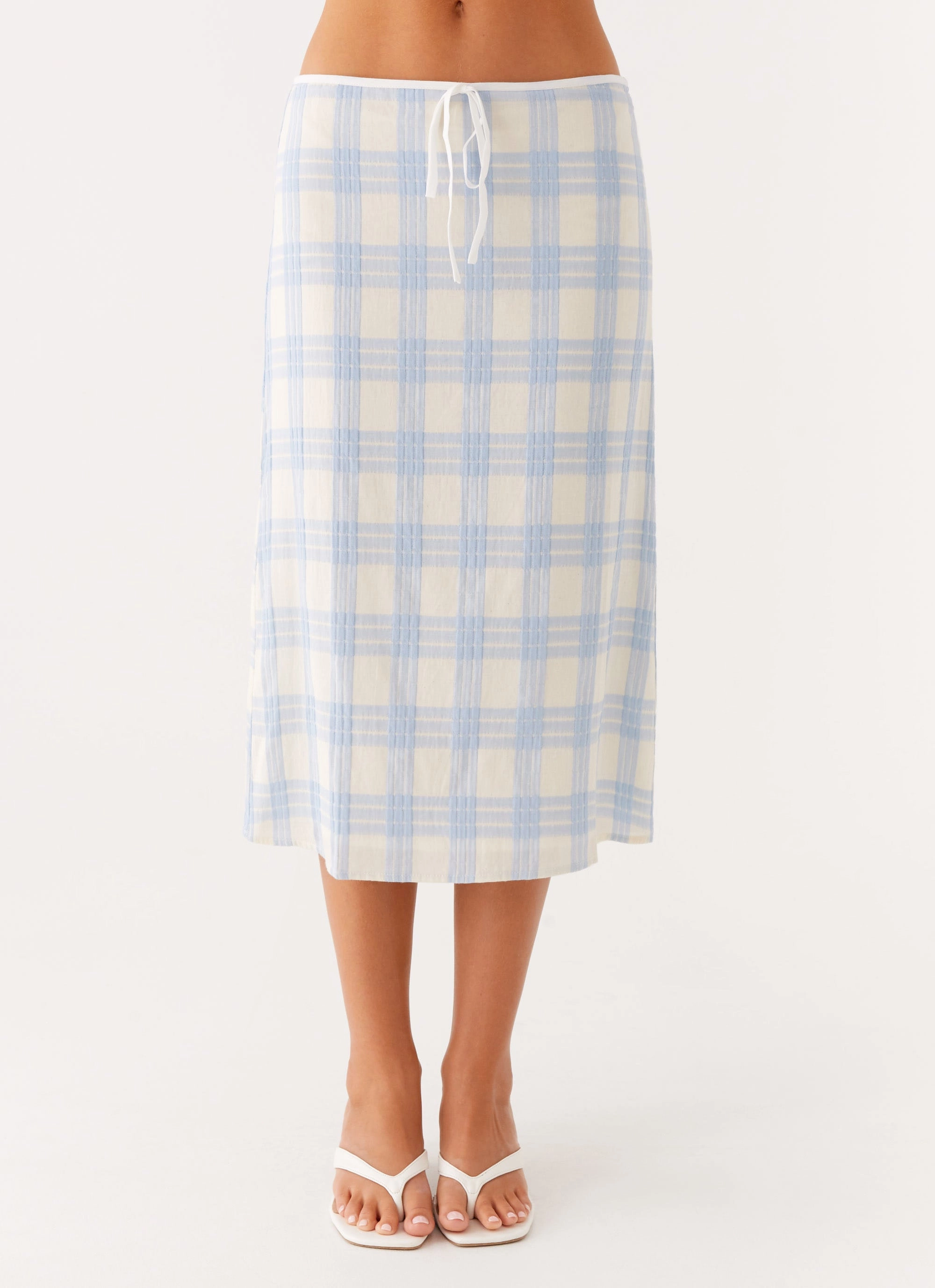 Esther Midi Skirt - Blue Check Seersucker Flexible Activewear Softened Hem
