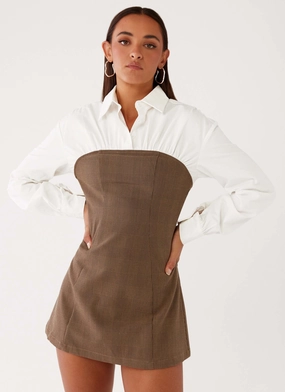 Retro Detail One Piece Look Adelaide Shirt Mini Dress - Brown