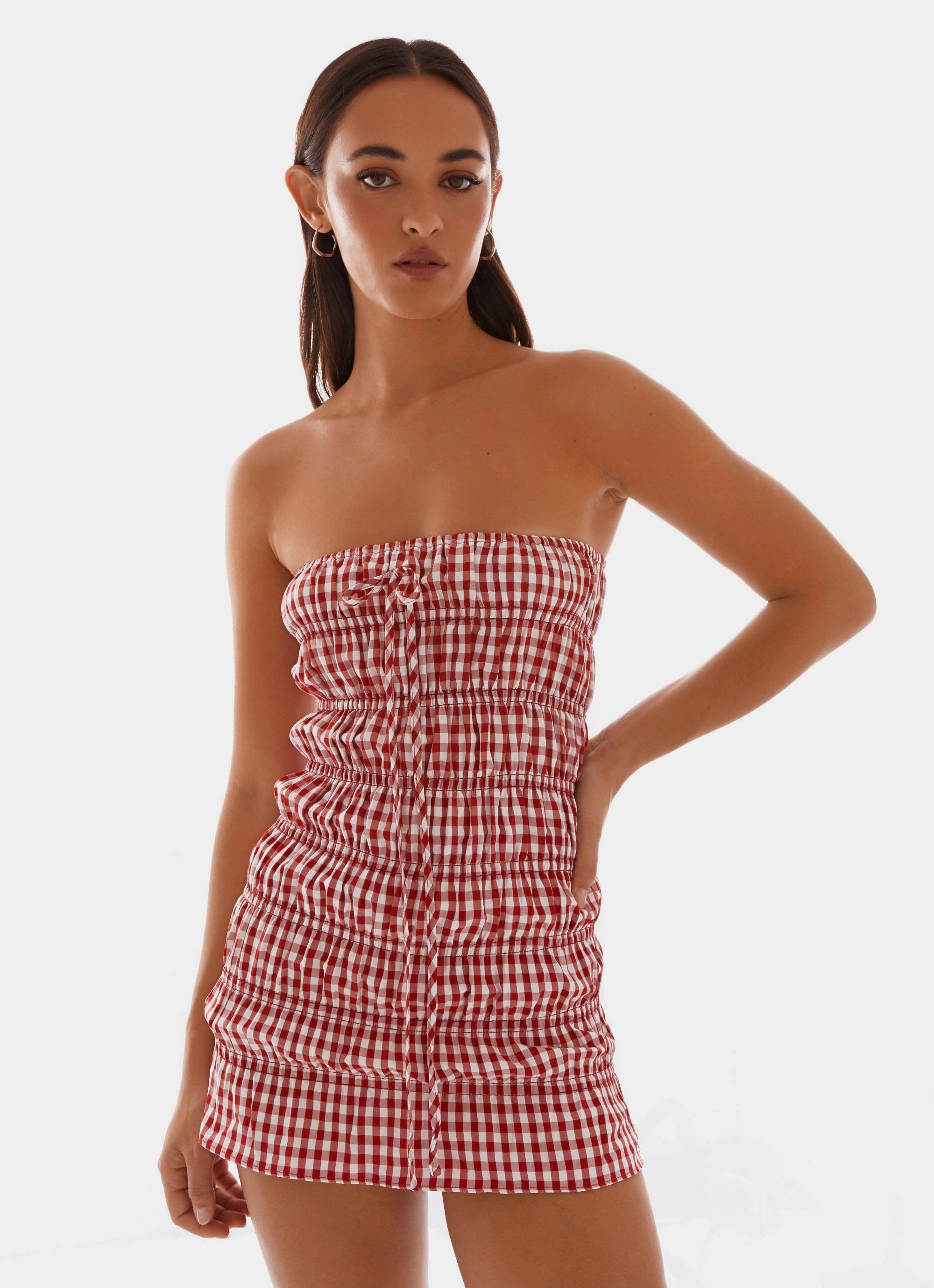 Adele Mini Dress - Red Gingham Formed Look Bow Soft