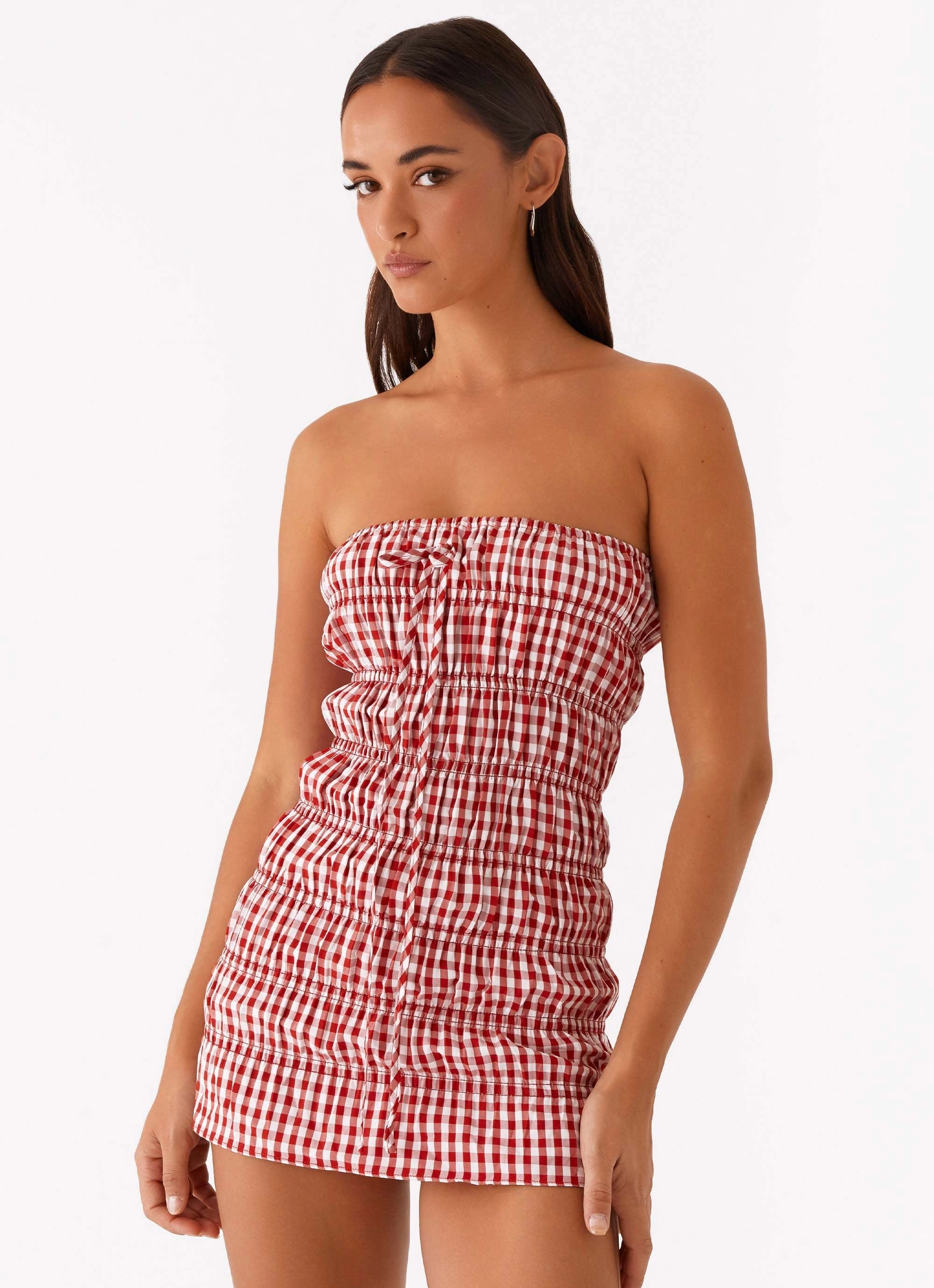 Balloon-Sleeve Fall Mood Adele Mini Dress - Red Gingham