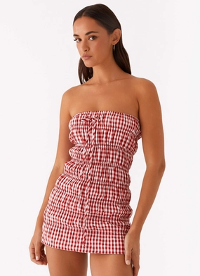 Balloon-Sleeve Fall Mood Adele Mini Dress - Red Gingham