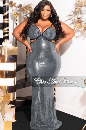 Final Sale Plus Size Spaghetti Strap Faux Sequin Gown with Cut Outs in Silver Eco Dye Process