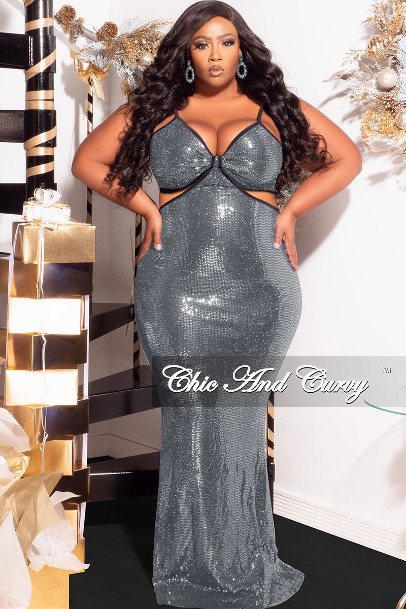 Final Sale Plus Size Spaghetti Strap Faux Sequin Gown with Cut Outs in Silver Comfy Cardigan