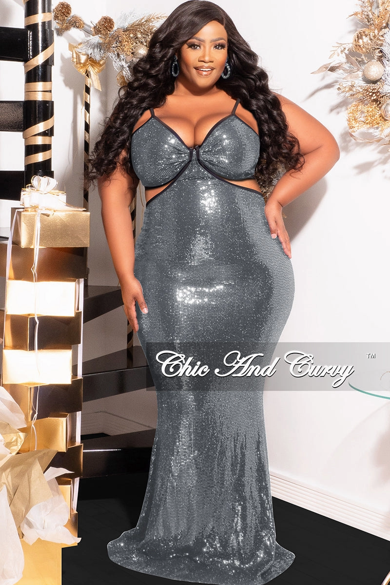 Final Sale Plus Size Spaghetti Strap Faux Sequin Gown with Cut Outs in Silver Cozy Sweatshirt AirflowVents