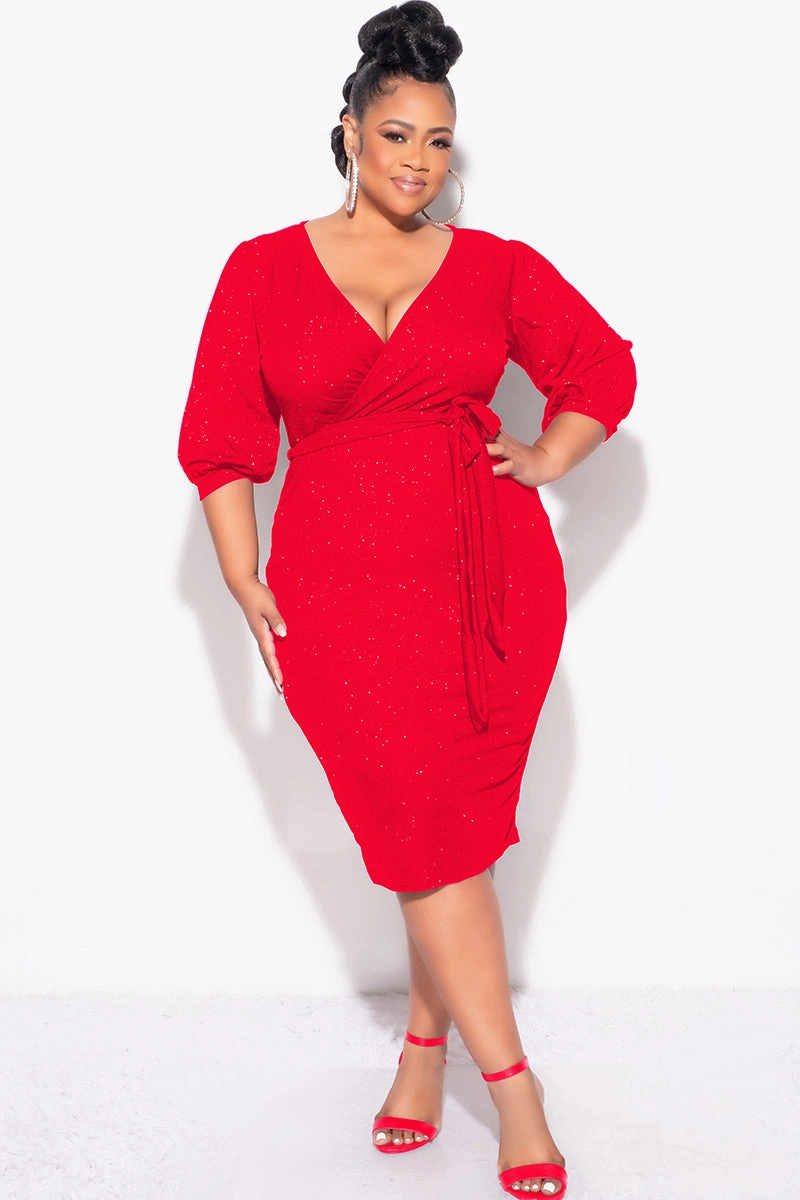 Final Sale Plus Size Faux Wrap BodyCon Dress with Waist Tie in Red Glitter BreathableFabricTech WrinkleResistantFinish