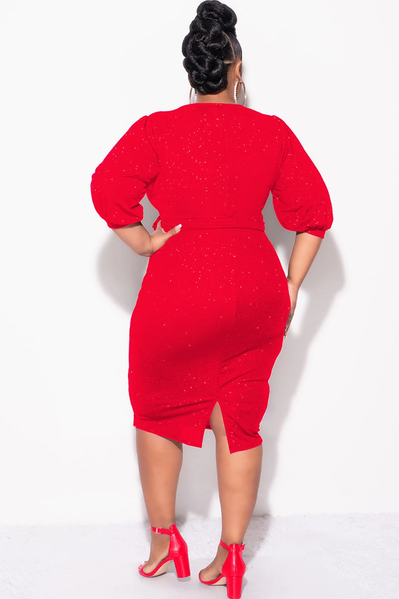 Final Sale Plus Size Faux Wrap BodyCon Dress with Waist Tie in Red Glitter Odor Resistant Coating ReflectiveAccents