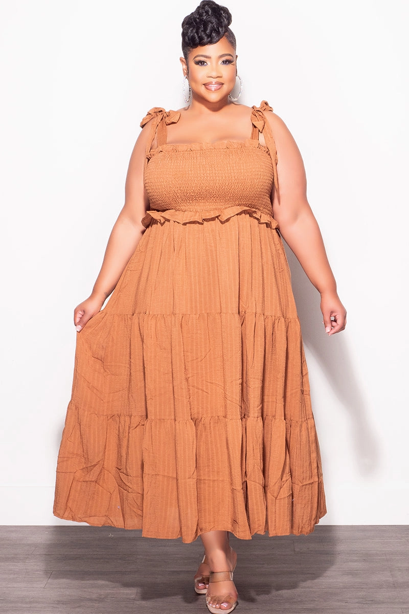 Final Sale Plus Size Sleeveless Frill Tiered Dress in Cognac Modern Design Effortless Fit