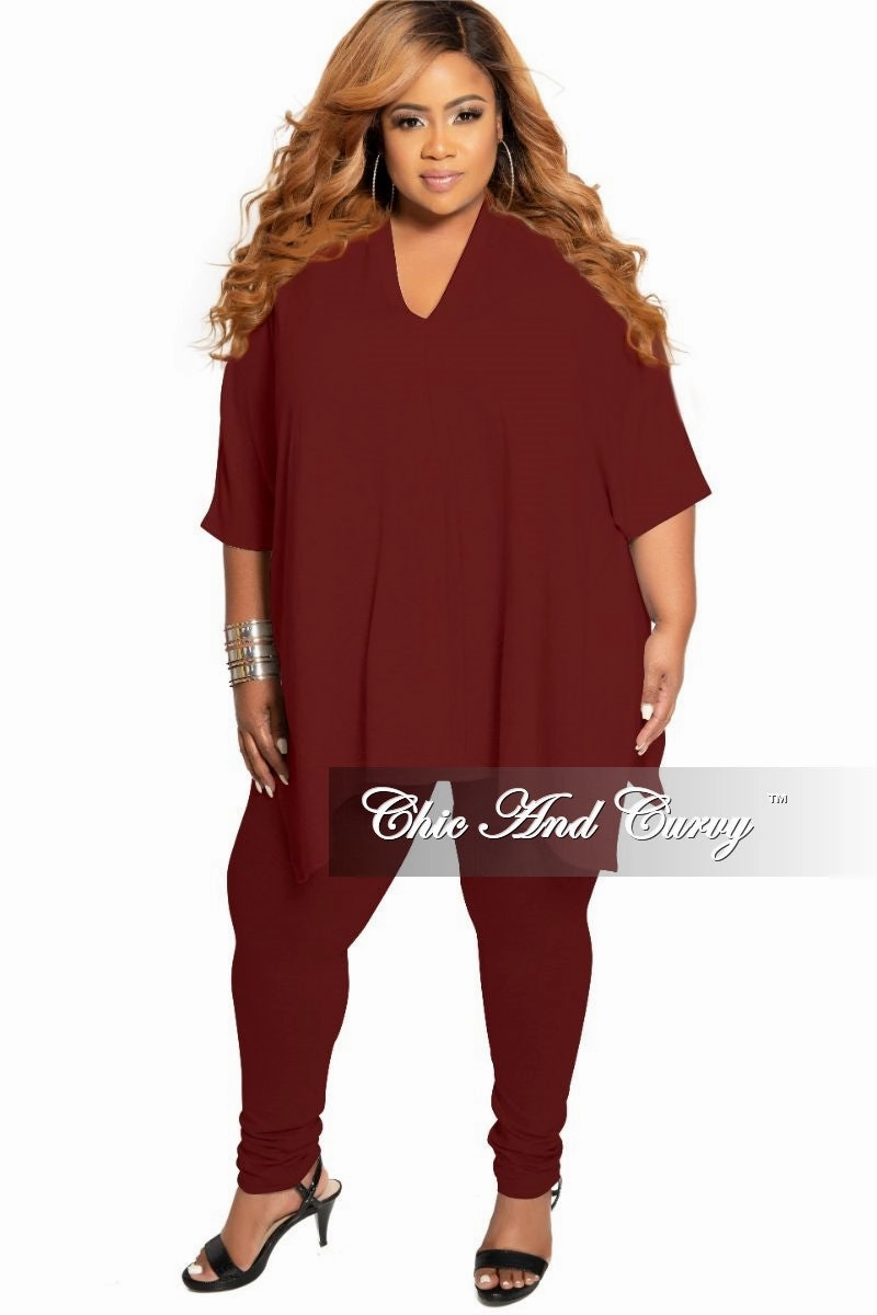 Final Sale Plus Size 2-Piece V-Neck Tunic Top and Matching Legging Set in Burgundy Layered Style Comfort Design
