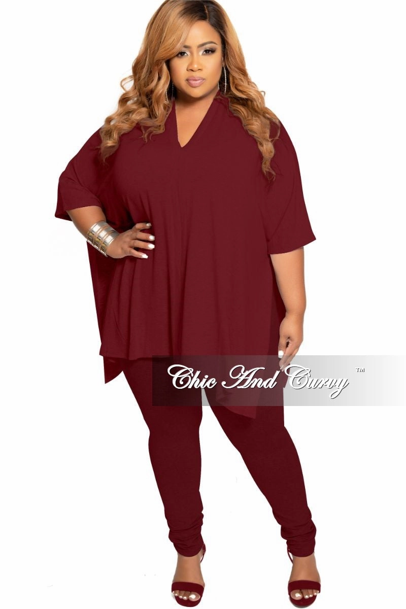 Final Sale Plus Size 2-Piece V-Neck Tunic Top and Matching Legging Set in Burgundy Supportive Waistband
