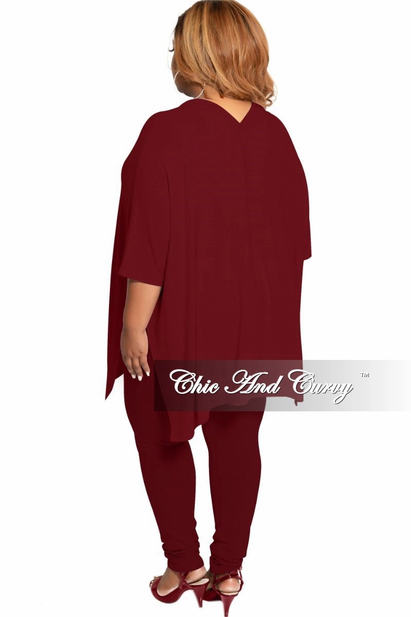 Final Sale Plus Size 2-Piece V-Neck Tunic Top and Matching Legging Set in Burgundy EcoFriendlyBlend Odor Resistant Treatment
