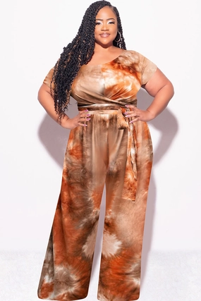 Sporty Function Light Fabric Final Sale Plus Size 2pc Short Sleeve Tie Top and Pants Set in Brown & Rust Tie Dye Print