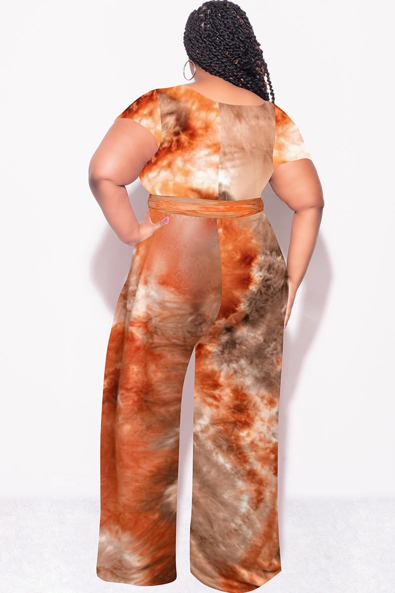 Final Sale Plus Size 2pc Short Sleeve Tie Top and Pants Set in Brown & Rust Tie Dye Print Quick Access Stylish Appearance