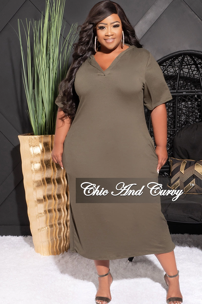 No Fuss Final Sale Plus Size Hooded Midi Dress with Distress Back in Olive